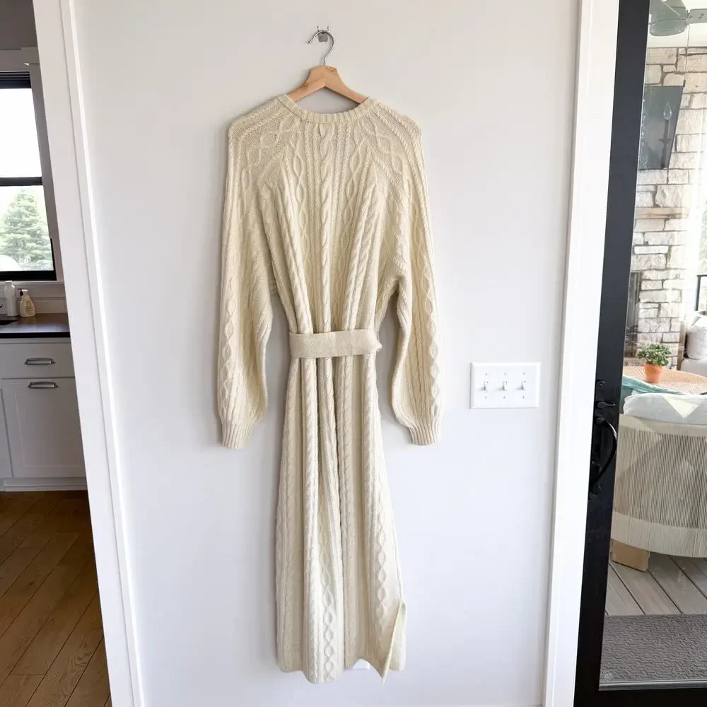 Show Me Your Mumu Barb Chunky Cable Knit Belted Maxi Sweater Dress Cream M - Picture 4 of 11